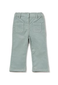 Groene katoenen broek met een recht model, voorzien van een knoopsluiting en twee achterzakken. De stof heeft een zachte textuur.