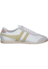 White sneaker with beige and light pink suede accents, textured rubber sole, lace-up front, and stitched detailing along the sides.