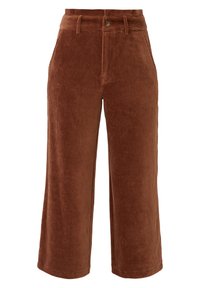 Pantalon court large en velours côtelé marron avec passants de ceinture, bouton devant et fermeture éclair.