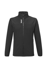 Veste softshell noire avec col montant, fermeture éclair frontale entière et design minimaliste. Présente le logo MILLET sur la poitrine et deux poches latérales.