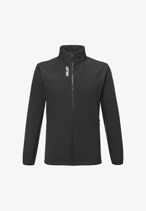 Schwarze Softshelljacke mit hohem Kragen, durchgehendem Reißverschluss und minimalistischem Design. Mit MILLET-Logo auf der Brust und zwei seitlichen Taschen.