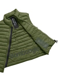 Groene puffer vest met een hoge kraag, rits sluiting en horizontale gestikte textuur. Bevat een groot "Bomboogie" logo en waslabels aan de binnenkant.