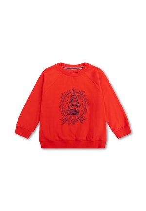 Rode sweatshirt met een ronde halslijn en lange raglanmouwen. Het heeft een marineblauw schip in het midden met decoratieve elementen.
