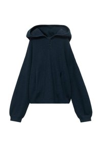 Granatowy sweter z kapturem wykonany z dzianiny, z zapięciem na guziki przy dekolcie, szerokimi rękawami i dwoma przednimi kieszeniami. Posiada fakturowane wykończenie oraz luźny krój.