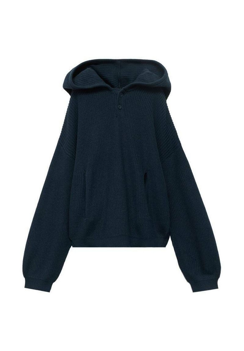 Granatowy sweter z kapturem wykonany z dzianiny, z zapięciem na guziki przy dekolcie, szerokimi rękawami i dwoma przednimi kieszeniami. Posiada fakturowane wykończenie oraz luźny krój.