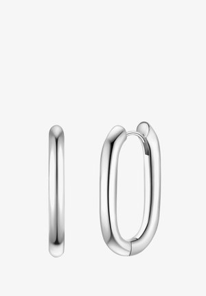 Srebrne obročeve uhane, ki imajo gladko, zaobljeno obliko. En uhani je nekoliko večji, oba imata polirano površino in zapiranje na tečaj.