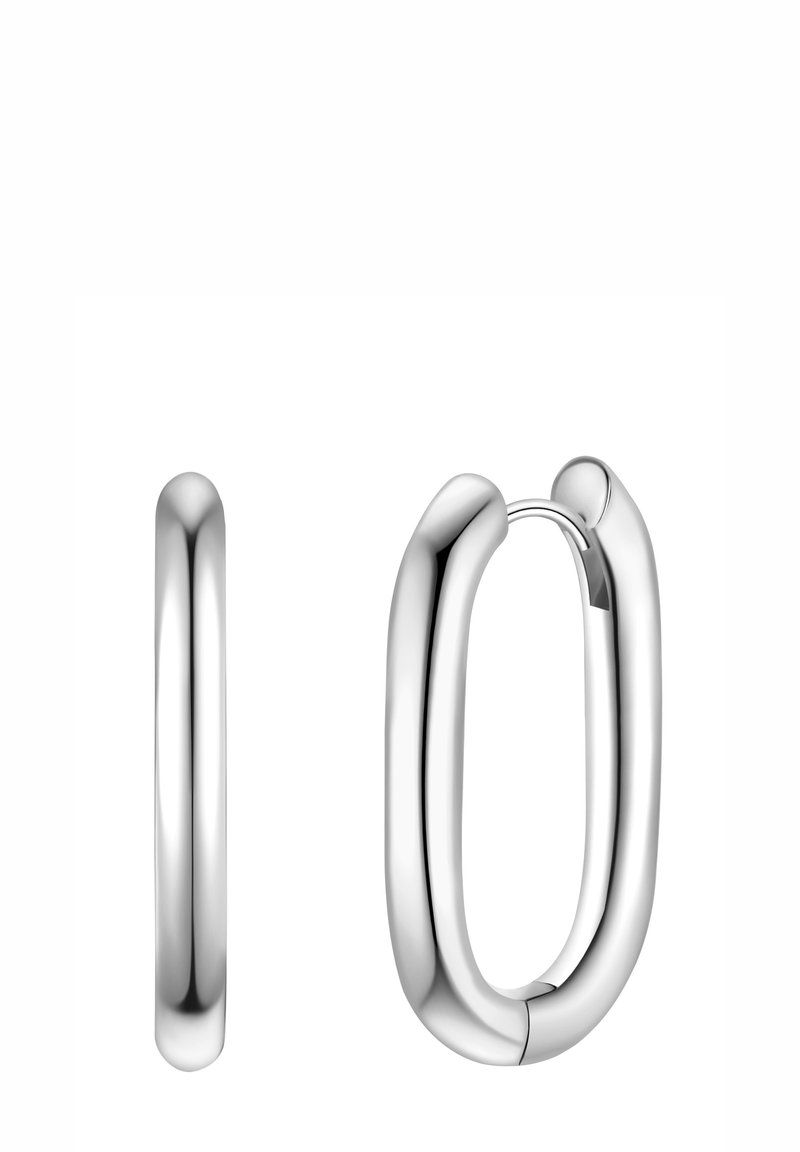 Hõbedased rõngakõrvarõngad, millel on sile ja ümar disain. Üks kõrvarõngas on veidi suurem, mõlemad on poleeritud viimistlusega ja klambriga sulgemisega.