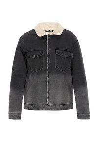 Fekete denim dzseki, elhalványuló gradienssel, bundás gallérral, gombos elülső résszel és két mellzsebbel. Texturált felület, megkopott szélekkel.