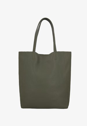 Dunkelgrüne, strukturierte Ledertasche mit zwei langen Griffen und schlichtem, unauffälligem Design vor weißem Hintergrund.