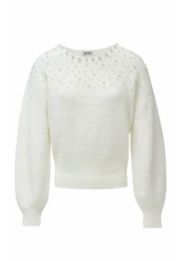 Maglione corto bianco realizzato in tessuto morbido, con colletto rotondo, maniche a palloncino e decorazioni in perle sulla parte anteriore.