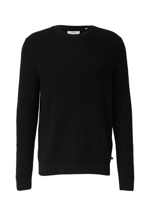 Pull en tricot noir avec un col rond, des manches longues et des poignets côtelés. Présente un tissu texturé et une petite étiquette de marque à l'ourlet.