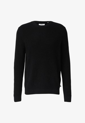 Schwarzer gestrickter Pullover mit Rundhalsausschnitt, langen Ärmeln und gerippten Bündchen. Besitzt einen strukturierten Stoff und ein kleines Markenlabel am Saum.