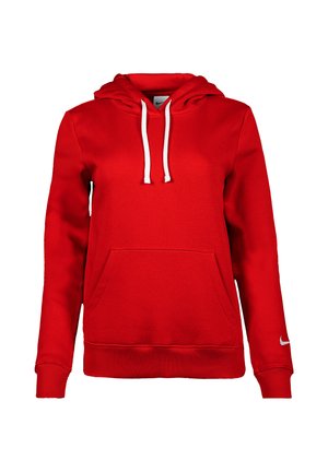 Sweat à capuche rouge à manches longues avec cordons blancs, poche kangourou devant et petit logo blanc Nike sur le poignet de la manche gauche.