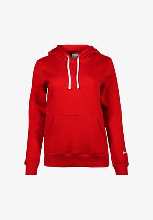 Sweat à capuche rouge à manches longues avec cordons blancs, poche kangourou devant et petit logo blanc Nike sur le poignet de la manche gauche.