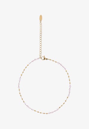 Fin guldkædearmbånd med små, lyserøde perler jævnt fordelt, med justerbar lås og forlængelseskæde.