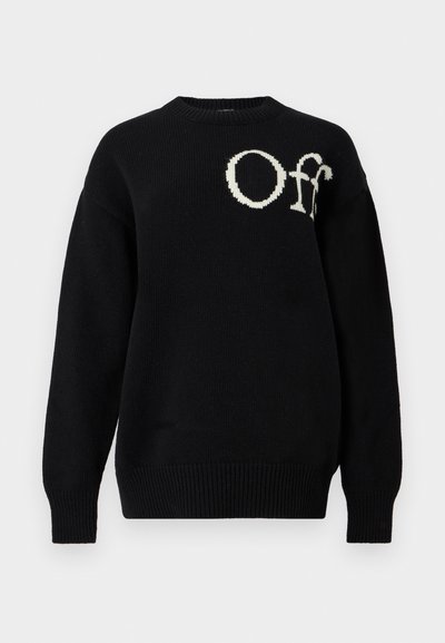 Maglione nero lavorato a maglia con collo rotondo. Presenta una vestibilità oversize e il testo bianco "Off" in contrasto sul davanti. Polsini e orlo a costine.