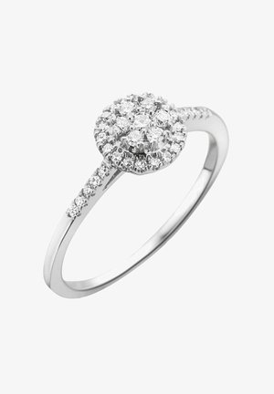 Platinasti prstan s krožnim grozdom diamantov v halo dizajnu, z sijočo zanko in majhnimi diamanti, vgrajenimi vzdolž šanka.