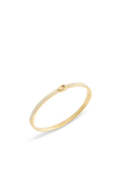 Bracelet en or avec un design lisse et fin. Présente un accent blanc minimaliste et un petit fermoir circulaire pour une fermeture sécurisée.
