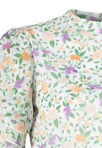 Blusa con stampa floreale che presenta diversi fiori in viola, arancione e verde su uno sfondo bianco. Tessuto testurizzato con maniche a sbuffo.