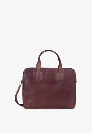 Borsa per laptop in pelle marrone con due manici superiori e una tracolla staccabile. Presenta una texture liscia e una chiusura con cerniera.