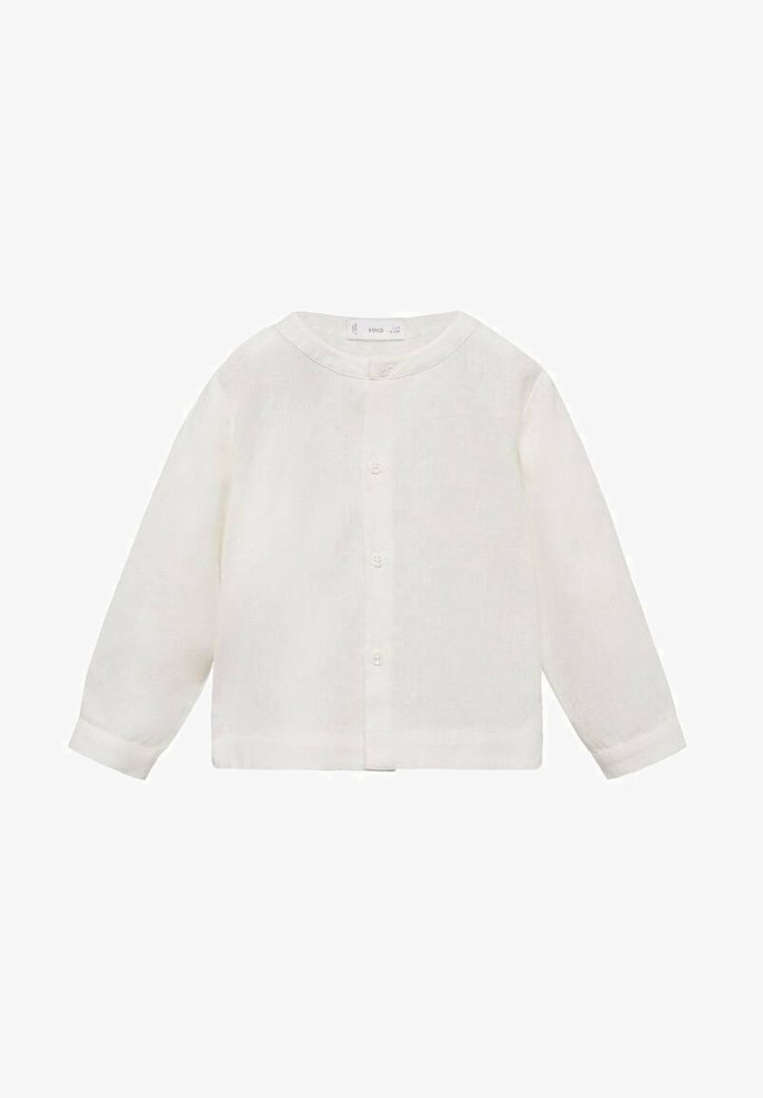 Biele ľanové tričko s okrúhlym výstrihom, dlhými rukávmi a zapínaním na gombíky vpredu. Tkanina má svetlý, textúrovaný vzhľad.