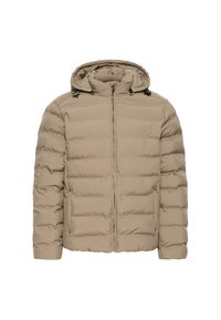 Beige pufferjakke med hætte, der har en frontlynlås, kviltet design og justerbare snore i hætten og i kanten.