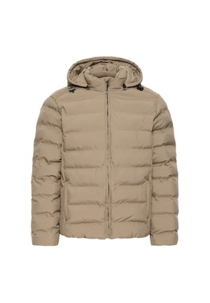 Beige pufferjakke med hette, med glidelås foran, quiltet design og justerbare snorer i hetten og kanten.