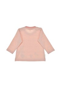 Langärmliges Hemd in zartem Rosa mit weißen Streifen. Baumwollstoff, gerippter Ausschnitt und ein kleines Etikett auf der linken Seite. Einfaches Design, keine Muster.