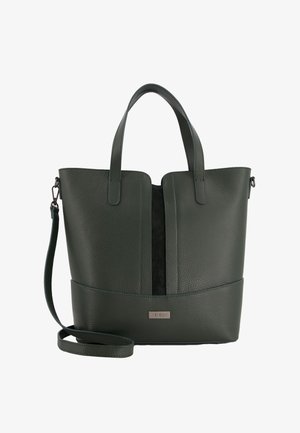 Grüne Leder-Umhängetasche mit strukturierten Oberflächen, ausgestattet mit zwei oberen Griffen, einem abnehmbaren Schultergurt und einem kontrastierenden Zentralfeld.