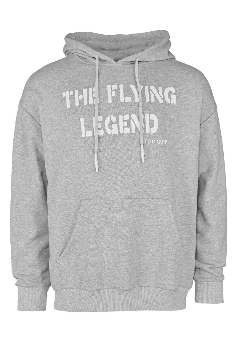 Grå huvtröja i mjukt tyg, med en framficka, snoddar och vit text som säger "THE FLYING LEGEND TOP GUN."