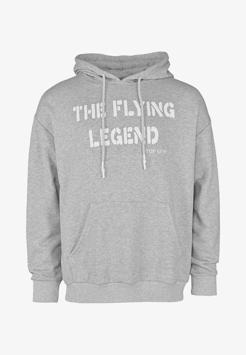 Grauer Kapuzenpullover aus weichem Material, mit einer vorderen Tasche, Zugbändern und weißem Text "THE FLYING LEGEND TOP GUN".