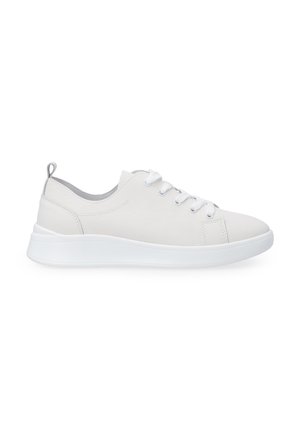 White sneaker with a smooth synthetic upper, lace-up design, padded collar, and a white rubber sole. Minimalist and lightweight construction.