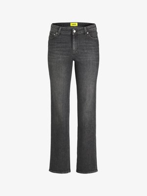 Tumši pelēki džinsi ar taisnu kāju dizainu, piecu kabatu stilu un dzeltenu zīmola etiķeti uz jostās. Metāla pogas aizdare.