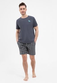 Męska szara koszulka z niebieskim logo psa, w połączeniu z czarnymi szortami w białą kratkę. Gładki materiał, luźny krój.