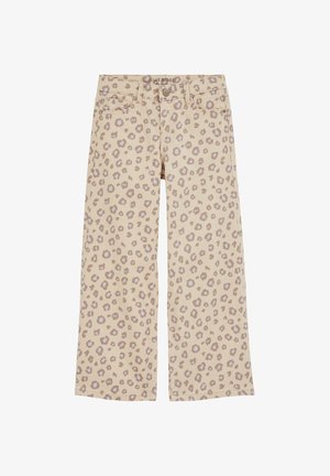 Pantalones beige de pierna ancha con estampado de leopardo en tonos marrón claro y gris, botón frontal, trabillas para cinturón y bolsillos, colocados planos sobre un fondo blanco.
