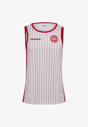 Hvid ærmeløs sportstrøje med tynde røde lodrette striber, rød kant, Hummel-logo på venstre bryst og emblem for Dansk Boldspil-Union på højre bryst.