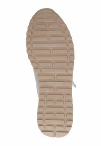 Leichte Sneaker-Sohle mit einer strukturierten Gummilaufsohle, die horizontale und vertikale Rillen aufweist. Farbe: hellbeige, mit Markendetails.