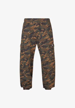 Camo cargo pants in shades of green and brown, featuring an elastic waistband, side pockets, and a relaxed fit with ribbed cuffs.