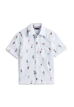 Cămașă cu mânecă scurtă, cu nasturi, în dungi albastre deschis și albe, cu un buzunar, având un model cu ilustrații mici de jucători de baschet.