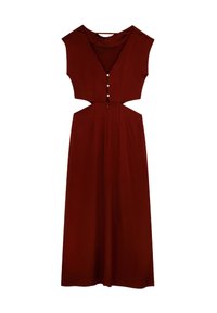 Bordeaux kjole med korte ærmer, dyb V-udskæring, frontlukning med knapper og udskårne sider. Flydende skirt med en glat tekstur.