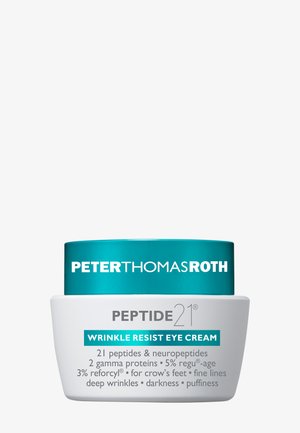 Peptide21 Rimpel Weerstand Oogcrème in een witte pot met een teal kleurige deksel. Bevat peptide en eiwitten; geëtiketteerd voor rimpels, fijne lijntjes en zwellingen.