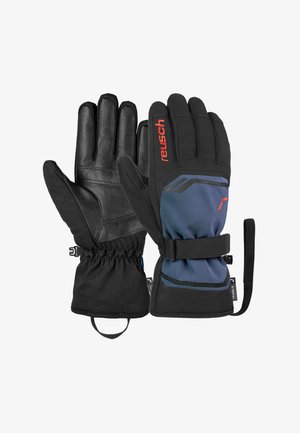 Black gloves featuring a leather palm, softshell upper, adjustable cuff, and a blue accent with a waterproof design. Ideal for cold weather.