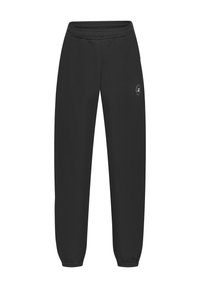 Pantalones de chándal negros fabricados en un tejido suave y ligero. Presentan una cinturilla elástica, piernas ajustadas y un acento de logo en el muslo izquierdo.