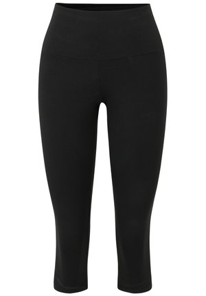 Leggings capri negros hechos de un tejido suave y elástico. Cuentan con una cinturilla alta y un diseño ajustado, adecuados para ropa deportiva.