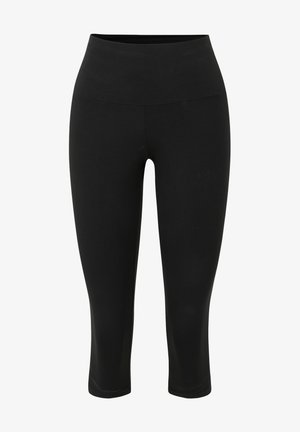 Leggings capri negros hechos de un tejido suave y elástico. Cuentan con una cinturilla alta y un diseño ajustado, adecuados para ropa deportiva.