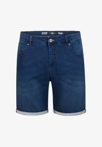 Pantalones cortos de mezclilla azul oscuro, con dobladillo vuelto, bolsillos delanteros y cierre de botón. Diseñados con un ajuste relajado y detalles visibles de costura.