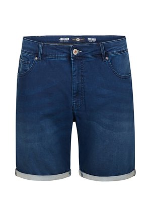 Donkerblauwe spijkershorts met een omgeslagen zoom, voorzakken en een knoopsluiting. Ontworpen in een ontspannen pasvorm met zichtbare stiksel details.