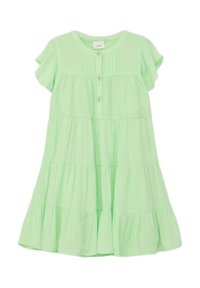 Hellgrünes, kurzärmliges Kleid mit gestuftem Design, Knopfleiste und strukturiertem Stoff. Mit Rundhalsausschnitt und weicher, fließender Silhouette.