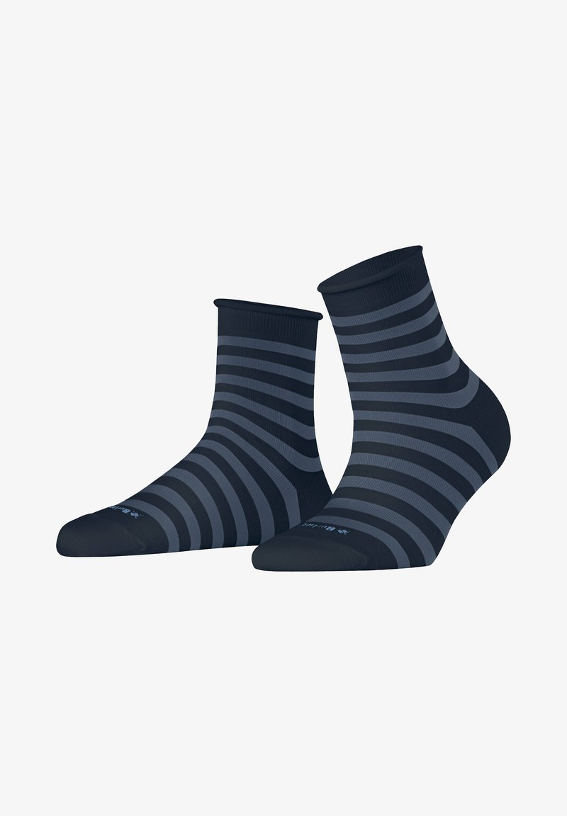 Calcetines navy con rayas horizontales grises, de longitud media hasta la pantorrilla, con puntera sin costuras, puños acanalados elásticos, material suave y refuerzo en el talón y la puntera.
