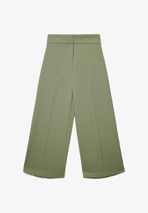 Olive green wide-leg pants with a smooth texture, featuring a high waist and front pleats, finished with a clean hem.